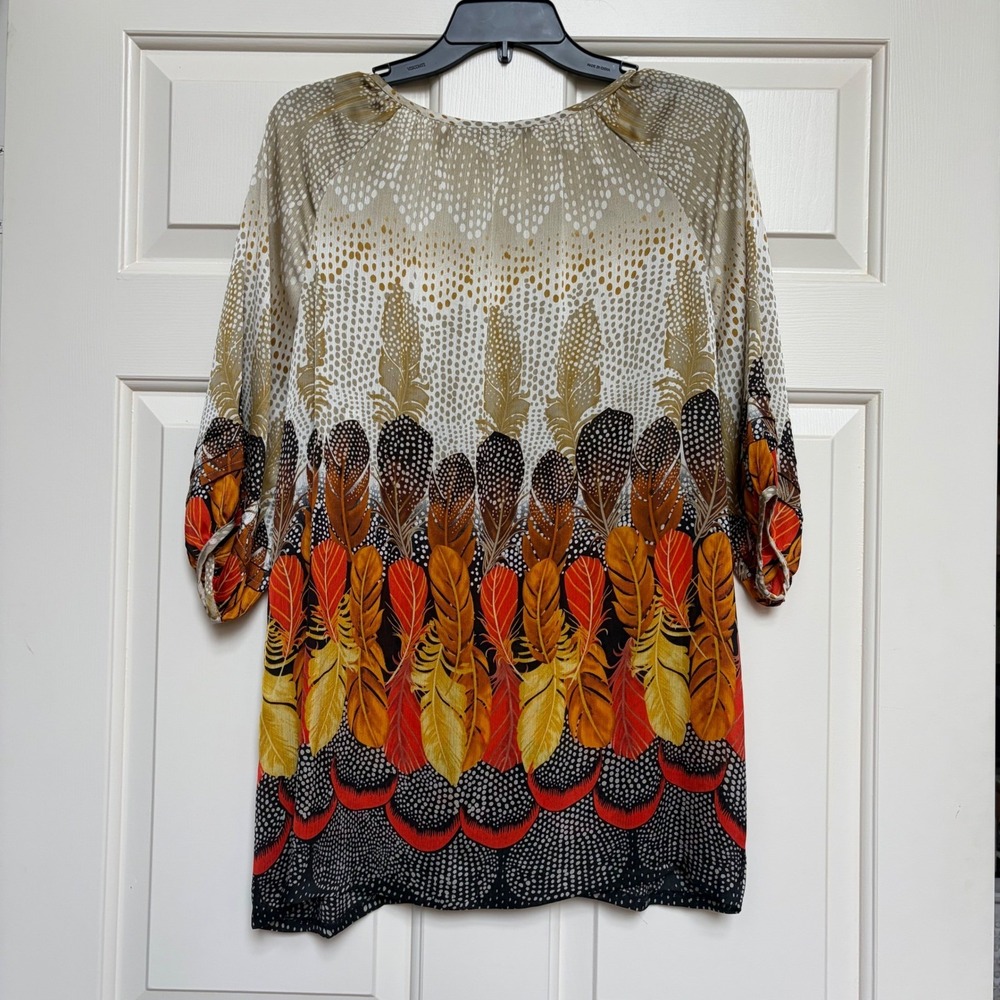 Peter Nygard Womens Feather Print Pleated Blouse Belt Medium Western Festival - Picture 9 of 10